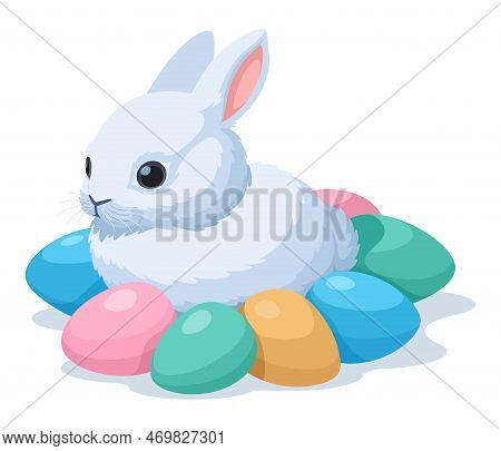 Cute Easter Bunny Sits In A Pile Of Painted Multi-colored Decorative Easter Eggs. Vector Easter Whit