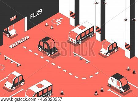 Parking Composition With Isometric Images Of Cars Inside The Parking Lot Building With Spots And Mar