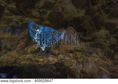 Down Up View At Opening In One Of Quadirikiri Caves Of Arikok National Park,  Aruba.