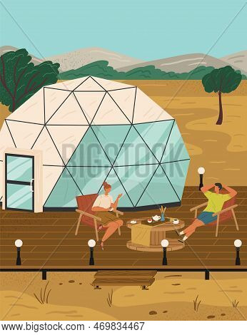 Glamping And Camping In Nature, Vector Poster With Geo Dome. Luxury Glass And Bubble House For Recre