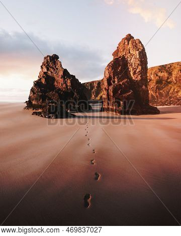 Footsteps On The Sand Passing Through The Outer Hebrides Island, Scotland