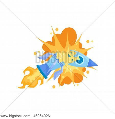 Broken Blue Spaceship On Fire Exploding Vector Illustration. Crashing Rocket, Wreck Or Crash As Symb