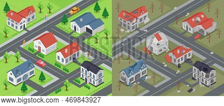 Isometric Ruined City Before And After Compositions Set With Outdoor View Of Populated And Abandoned