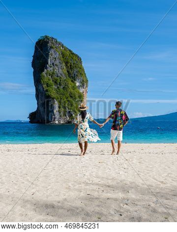 Koh Poda Beach Krabi Thailand, The Tropical Beach Of Koh Poda, A Couple Of Men And Woman On The Beac