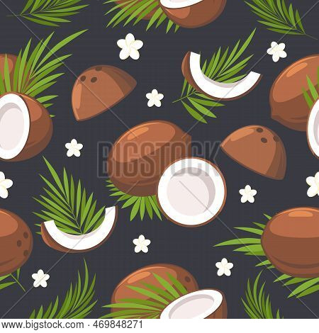 Coconuts Seamless Pattern. Tropical Coco Plant Green Leaves Brown Nuts White Flowers Wallpaper, Coco