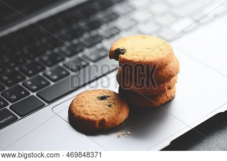 Internet Cookies, Mini Cookies On Keyboard Computer Laptop For Internet Browser Cookies Concept