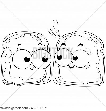 Cartoon Slices Of Bread With Peanut Butter And Jelly. Vector Black And White Coloring Page