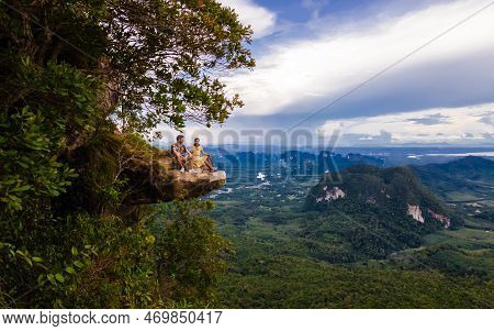 Couple Men And Women At The Edge Of A Mountain, Dragon Crest Mountain Krabi Thailand