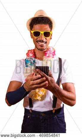 Portrait Of Black Man With Carnival Props Isolated On Orange Background.