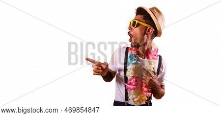 Portrait Of Black Man With Carnival Props Isolated On Orange Background.