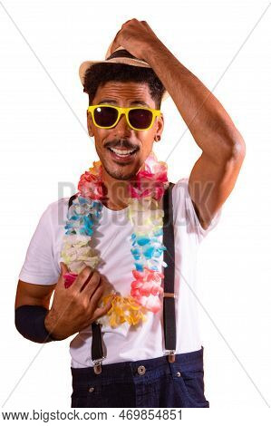 Carnival Outfit Party. Portrait Of Black Man With Carnival Props Having Fun