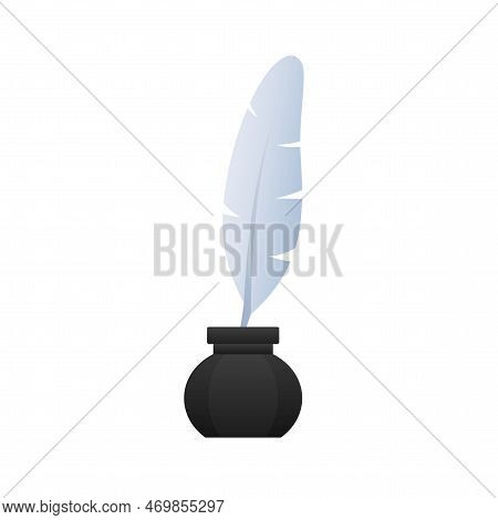 Quill And Ink Icon. Duck Feather Pen. Vector Stock Illustration.
