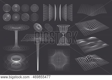 3d Shapes Grid Set With Isolated Monochrome Images Of Wireframe Spheres Curves Vortex And Cumbersome