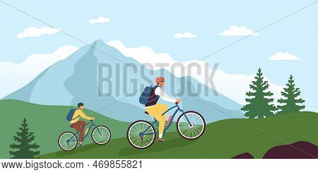 Bicycle Flat Concept With People Riding Bikes With Mountaing On Background Vector Illustration