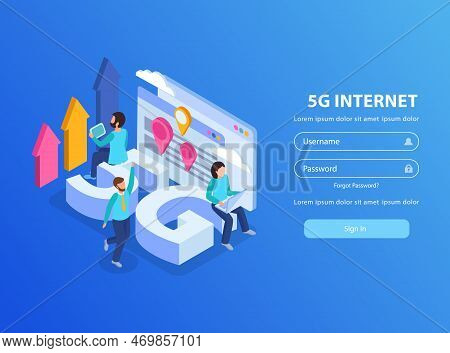 Isometric Background With 5g Internet Icons Human Characters And Log In Form 3d Vector Illustration