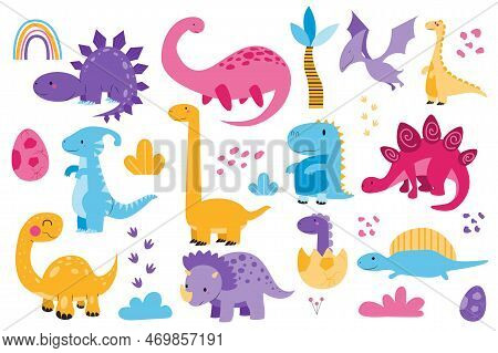 Cute Dinosaurs Set Graphic Elements In Flat Design. Bundle Of Childish Colorful Triceratops, Brontos