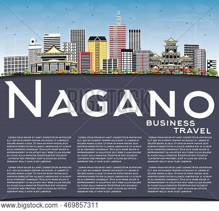 Nagano Japan City Skyline With Color Buildings, Blue Sky And Copy Space. Vector Illustration. Busine