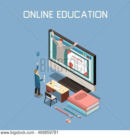 Online Education Isometric Composition With Lector Presenting Diploma And Square Academic Cap From M