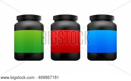 Protein Supplement Jar Mockup. Sport Or Dietary Nutrition. Bottle Protein. Vector Stock Illustration