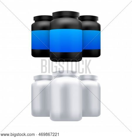 Protein Supplement Jar Mockup. Sport Or Dietary Nutrition. Bottle Protein. Vector Stock Illustration
