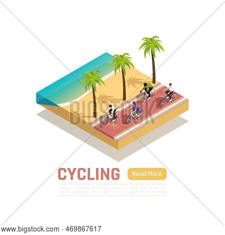 Cycling Isometric Summer Background With People Riding Bicycles Along South Sea Shore Vector Illustr