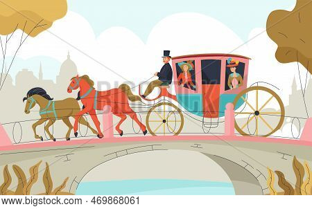 18th 19th Century Victorian Old Town Carriage Outdoor Composition With Two Horses Equipage Passing T