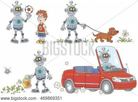 Cartoon Set Of A Funny Robot Playing A Ball With A Little Boy, Walking With A Merry Dog, Watering Ga