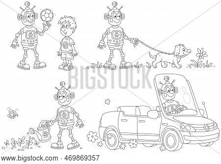 Cartoon Set Of A Funny Robot Playing A Ball With A Little Boy, Walking With A Merry Dog, Watering Ga