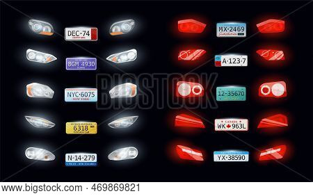 Various Types Car Auto Headlights Taillights Vehicle Registration Licence Number Plates Realistic Se