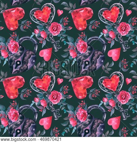 Seamless Pattern On A Dark Dreen Background From The Valentine Day Collection. A Lock And A Key With