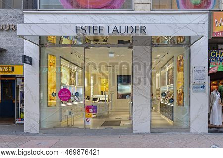 Budapest, Hungary - July 31, 2022: Beauty And Make Up Cosmetics Estee Lauder Store At Vaci Street In