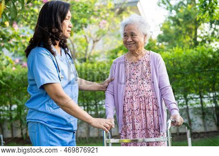 Doctor Help And Care Asian Senior Or Elderly Old Lady Woman Use Walker With Strong Health While Walk