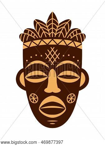 African Ethnic Tribal Ritual Mask Isolated On White Background. Ritual Symbols. Two Colours. Vector 