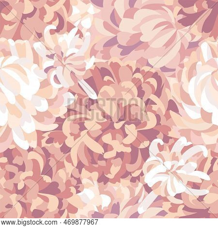 Big Blossoming Flowers Drawn In Pastel Dim Colors. There Is A Seamless Pattern Of Chrysanthemums Wit