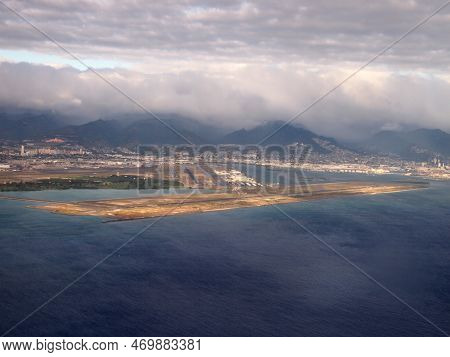 Honolulu, Hawaii - January 25, 2015: A Bird's Eye View Of The Honolulu International Airport And Its