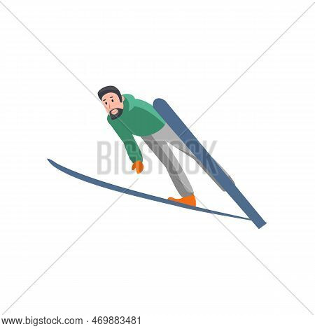 Active Happy Man Skiing And Jumping Illustration. Male Character With Skiing Equipment Jumping Carto