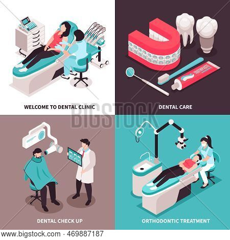 Isometric Dantist Design Concept With 2x2 Set Of Dental Clinic Compositions With Dentist Characters 