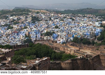 Beautiful Top View Of Jodhpur City From Mehrangarh Fort, Rajasthan, India. Jodhpur Is Called Blue Ci