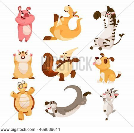 Funny Animals Enjoying And Cheering With Happy Smiling Snout Vector Set