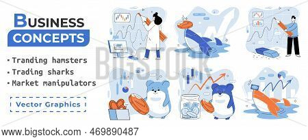 Stock Market Manipulation Concepts Set, Change Business Graph Indicator, Influence Crypto Currency P