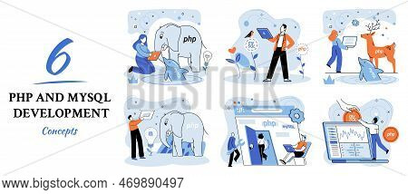 Php And Mysql Development Metaphor. Software Website Developer With Computer, Programmer Service, Op