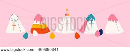 Set Of Easter Cakes Cottage Cheese Paskha Vector Illustration