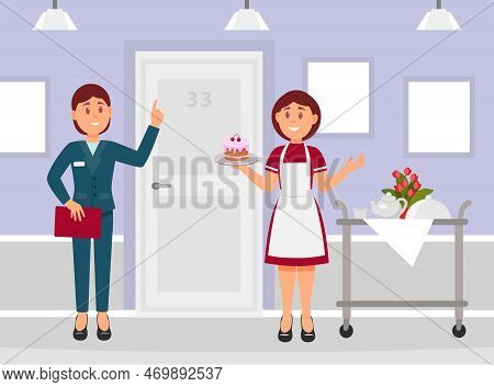 Professional Watress And Manager Standing In Hotel Hall, Establishment Services Staff. Hotel Room Se