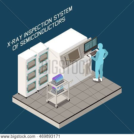 Semiconductor Chip Production Isometric Composition With Text And Factory Appliance Image With Worke
