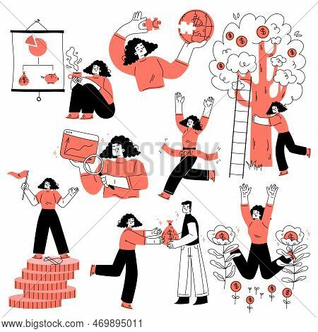 Investment With Woman Saving Money For Capital Gain Vector Set