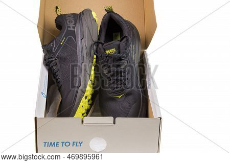 Close-up View Of Hoka Sneakers In Cartong Box Isolated On White Background. Sweden. Uppsala. 02.02.2