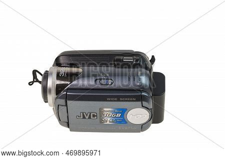 Close-up View Of Jvc Video Camera Isolated On White Background. Sweden. Uppsala. 02.02.2023.