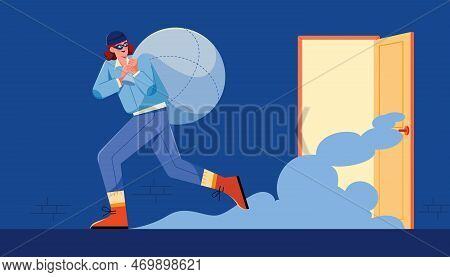 Masked Burglar Running Away With The Loot After Robbing A House.