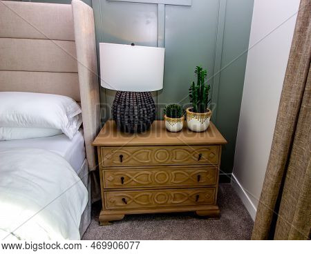 Table Lamp And Shade On Wooden Night Stand