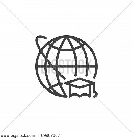 Distance Learning Line Icon. Globe And Academic Hat Linear Style Sign For Mobile Concept And Web Des